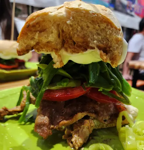 Churrasco Chacarero sandwich during a local food tour in Chile